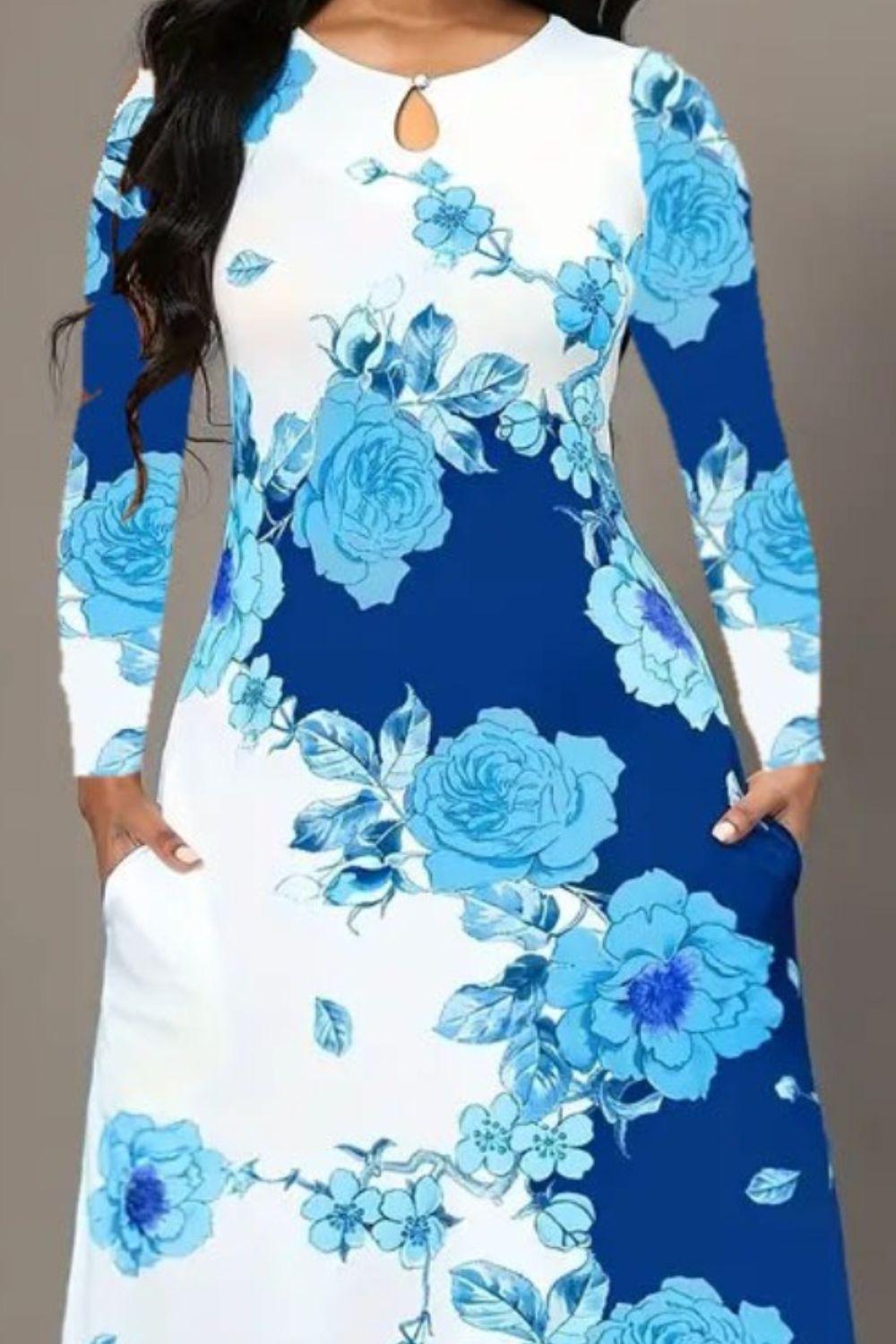 Pocketed Printed Long Sleeve Dress Carauana Store