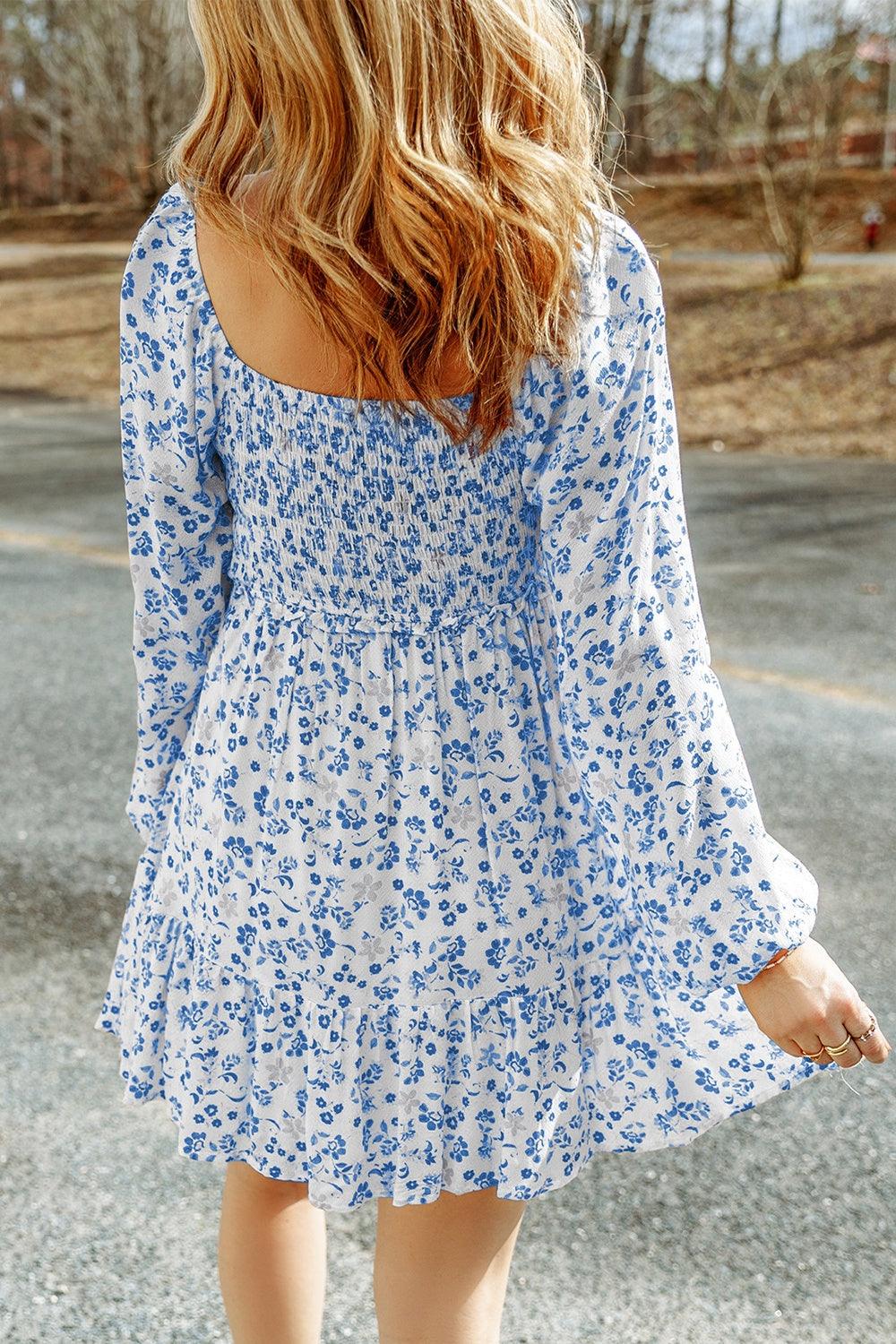 Smocked Floral Square Neck Balloon Sleeve Dress Carauana Store