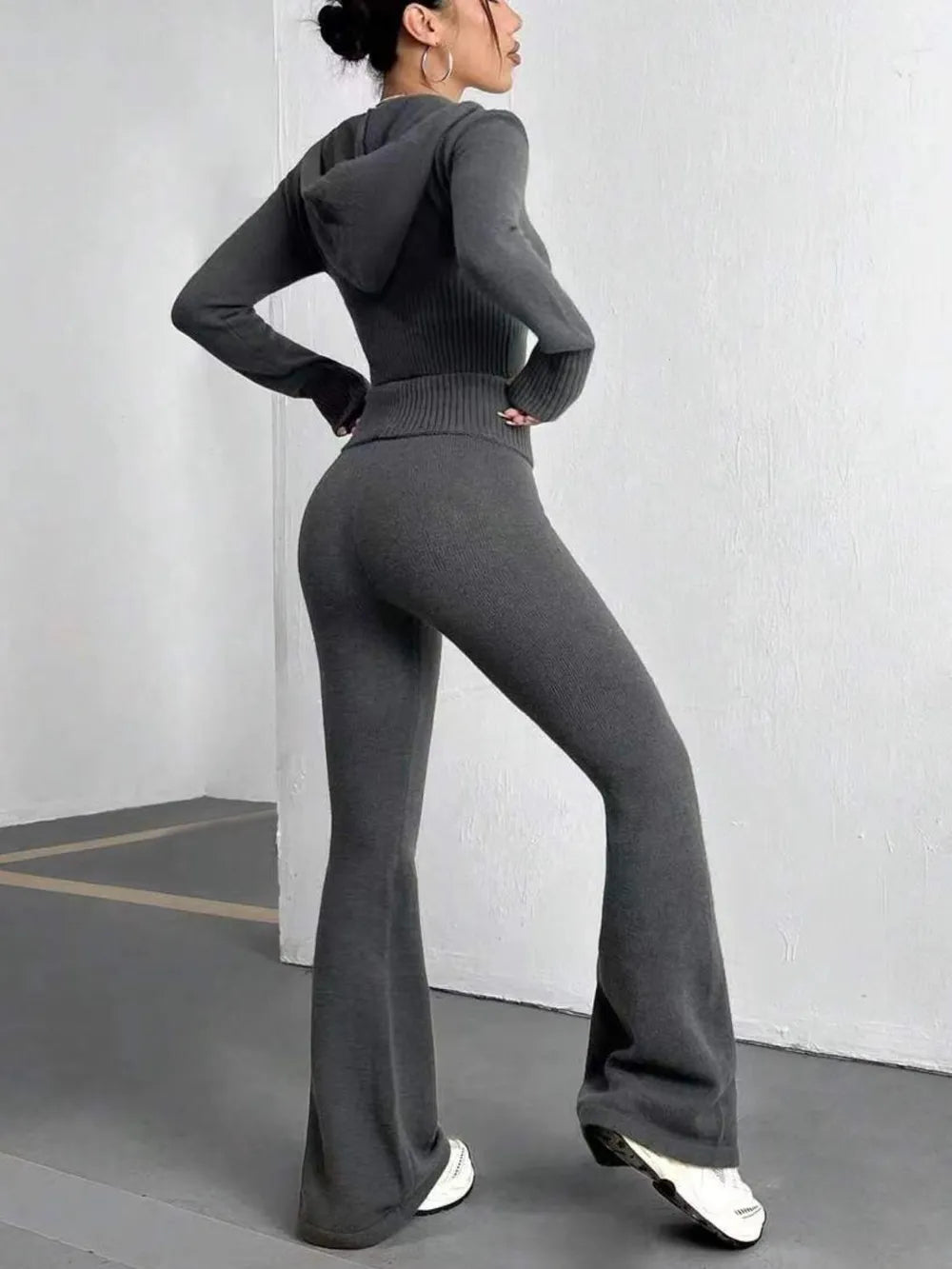 Zip Up Hooded Top and Flare Pants Sweater Set Carauana Store