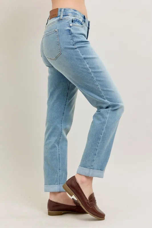 Judy Blue Full Size V-Front Cuff Boyfriend Jeans Plus Size