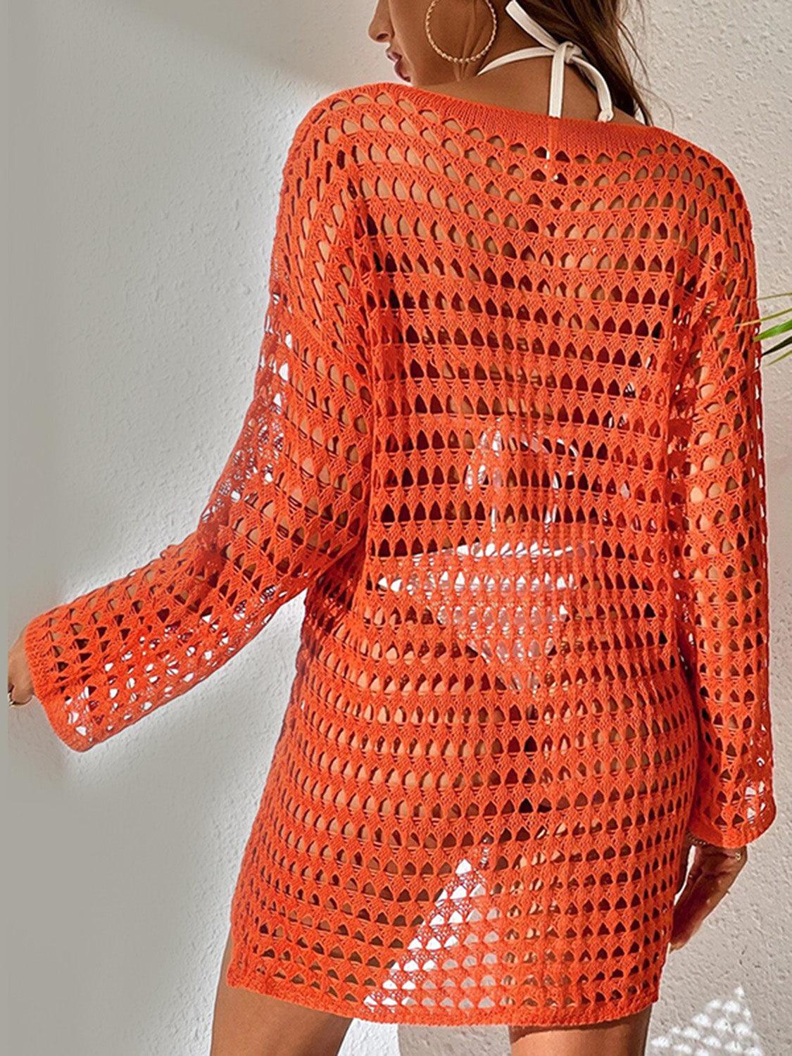 Openwork Boat Neck Long Sleeve Cover-Up Carauana Store