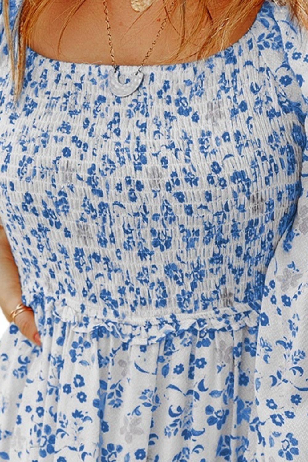 Smocked Floral Square Neck Balloon Sleeve Dress Carauana Store