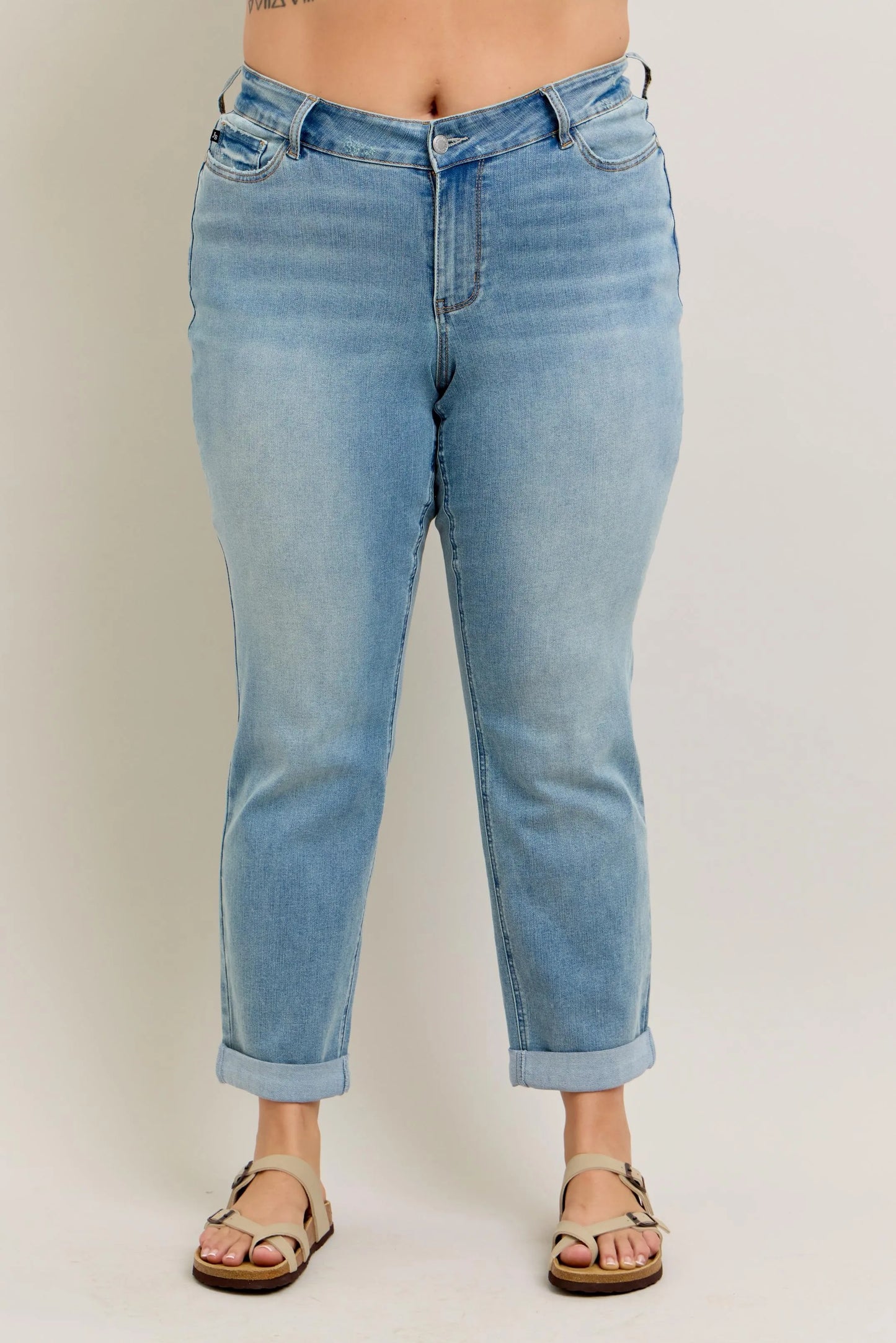 Judy Blue Full Size V-Front Cuff Boyfriend Jeans Plus Size