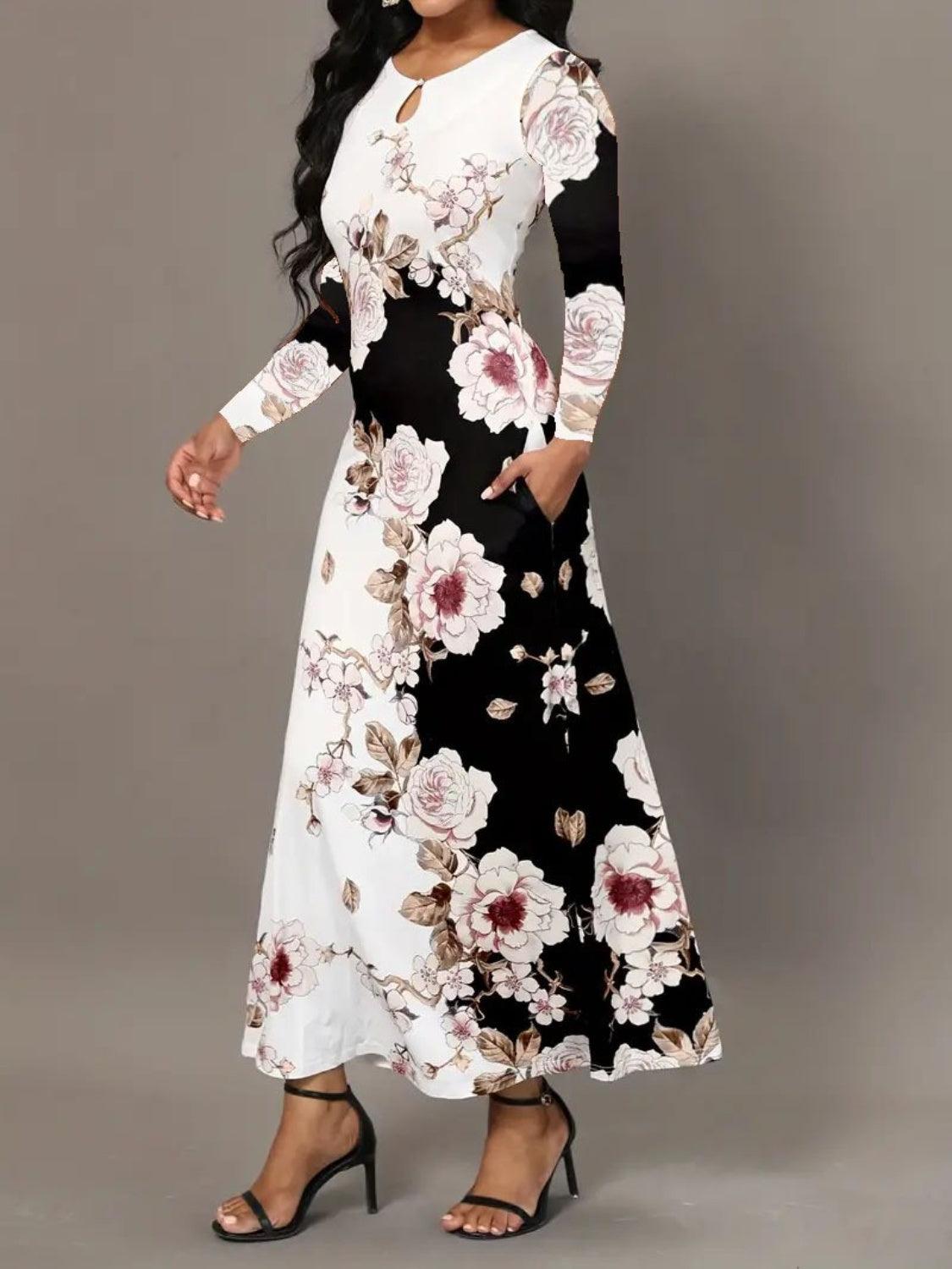 Pocketed Printed Long Sleeve Dress Carauana Store