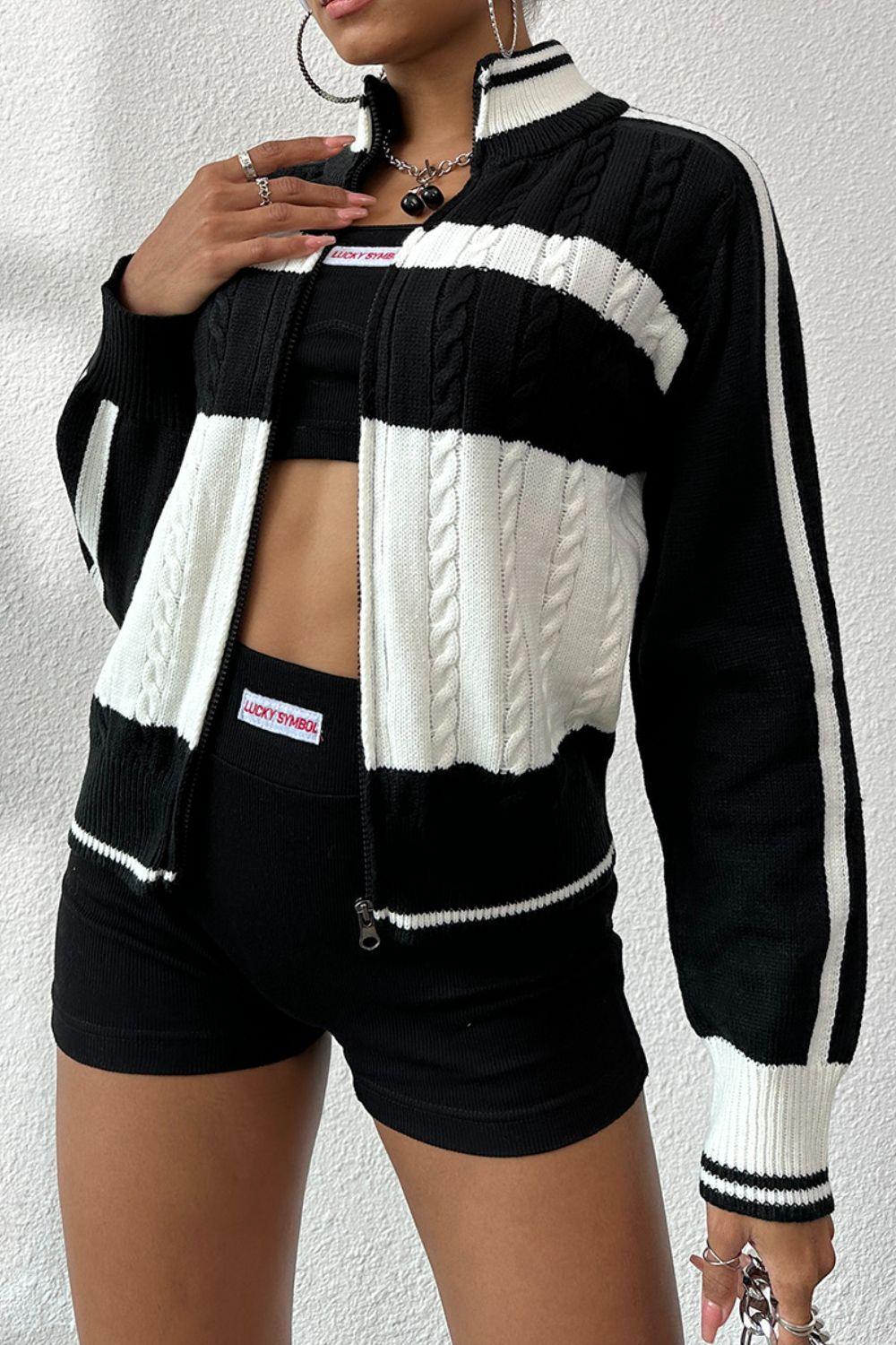 Cable-Knit Color Block Raglan Sleeve Cardigan Carauana Store