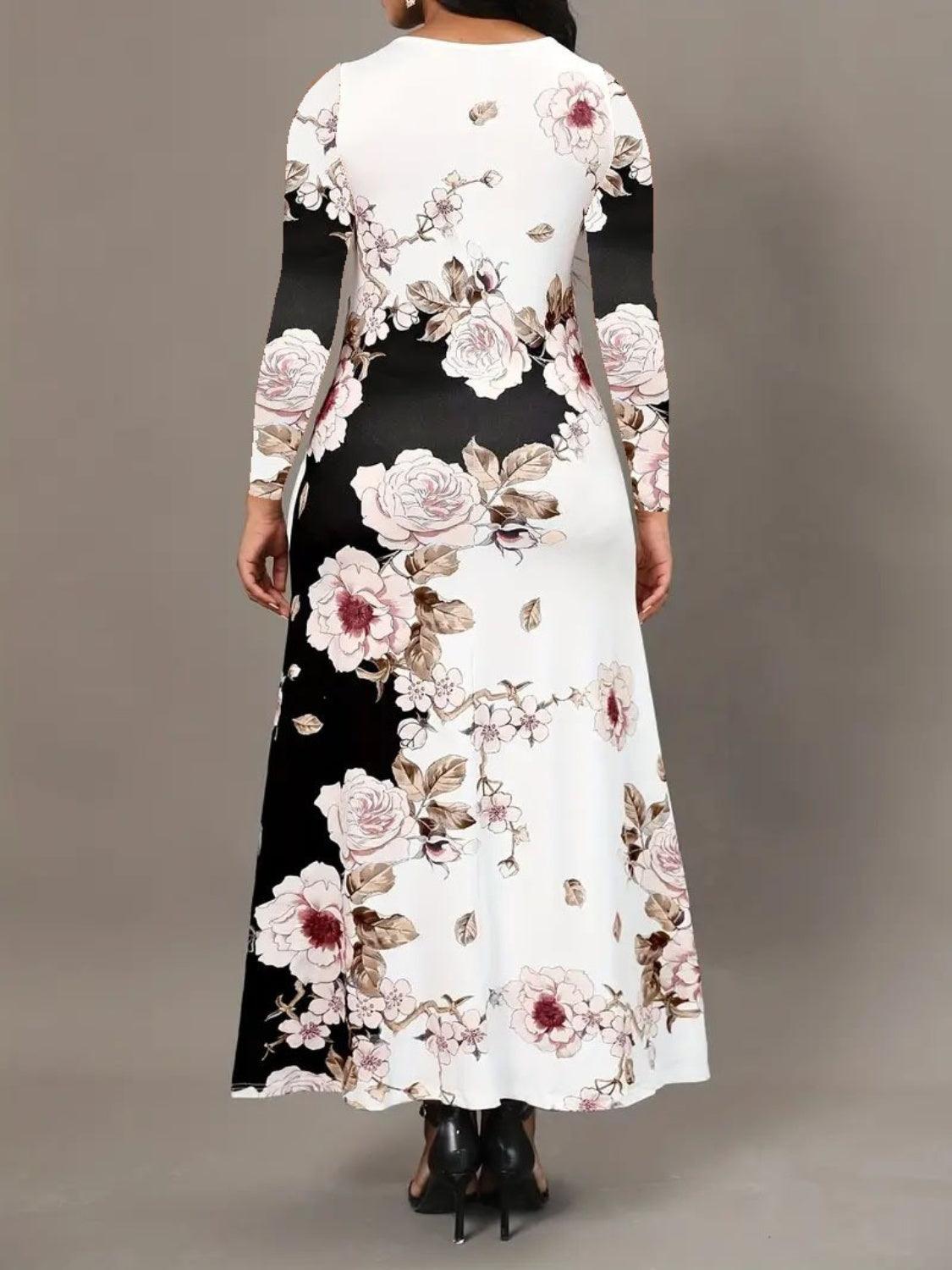 Pocketed Printed Long Sleeve Dress Carauana Store