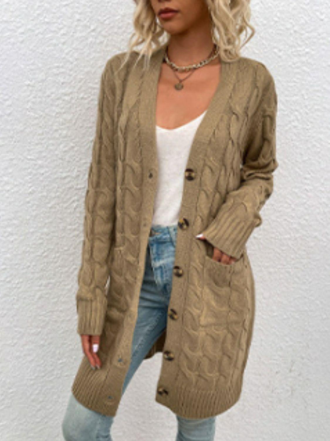 Cable-Knit Button Down Cardigan with Pockets Carauana Store
