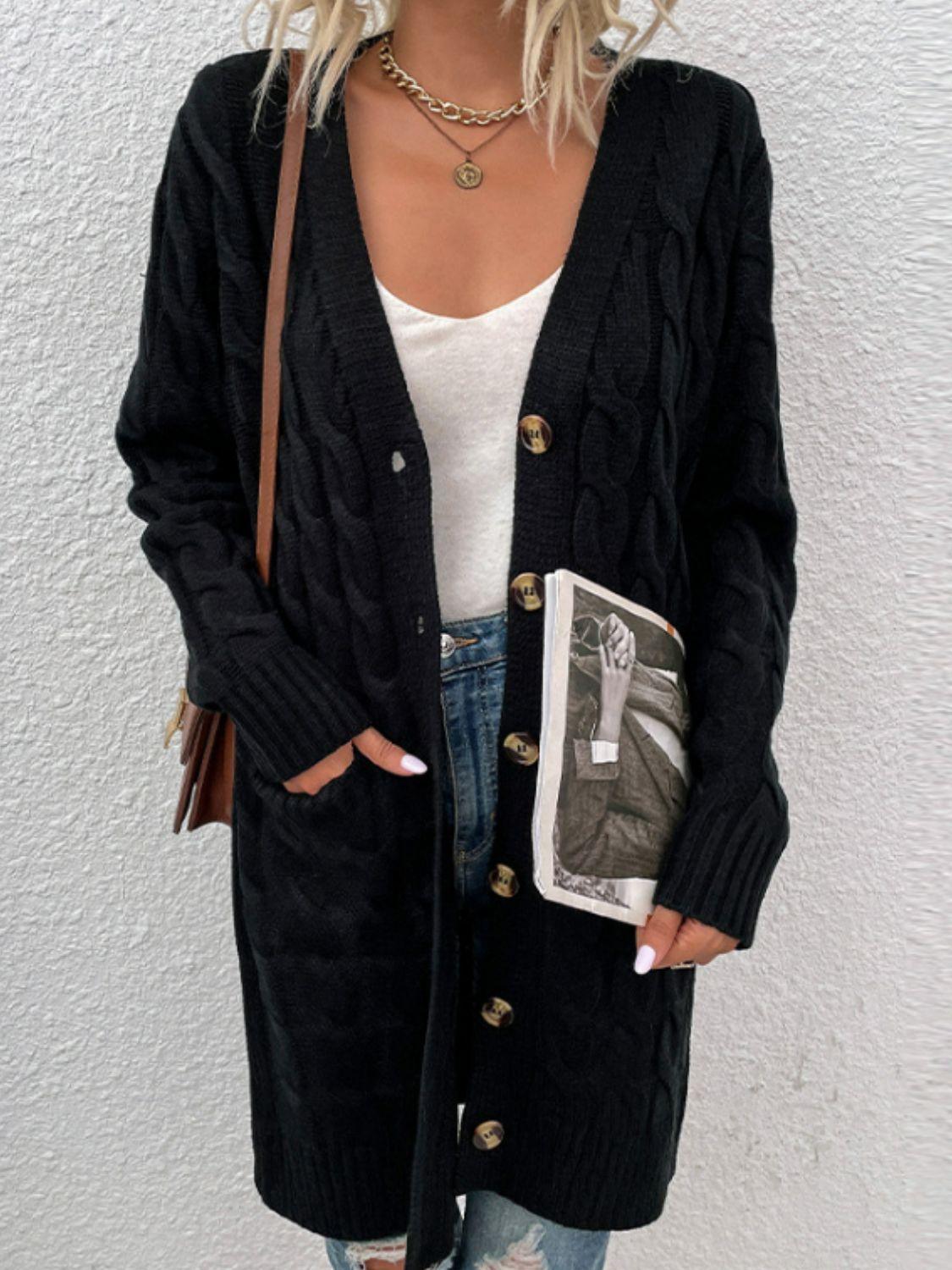 Cable-Knit Button Down Cardigan with Pockets Carauana Store