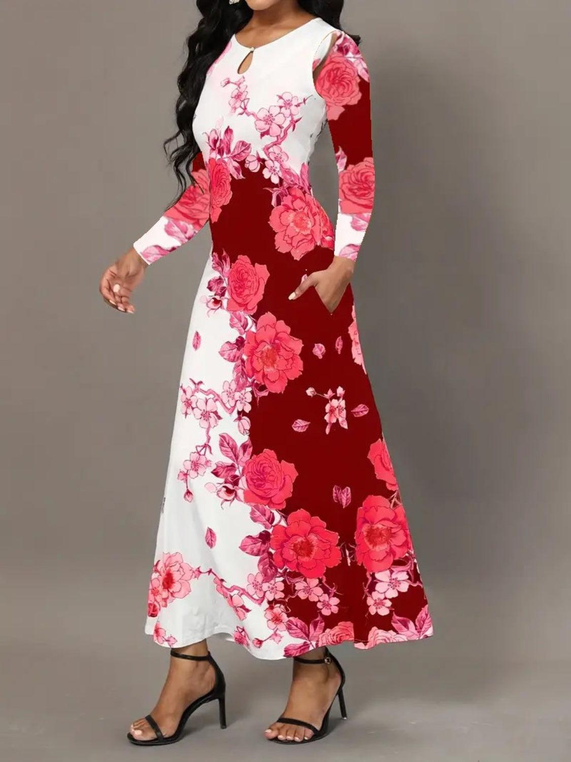 Pocketed Printed Long Sleeve Dress Carauana Store