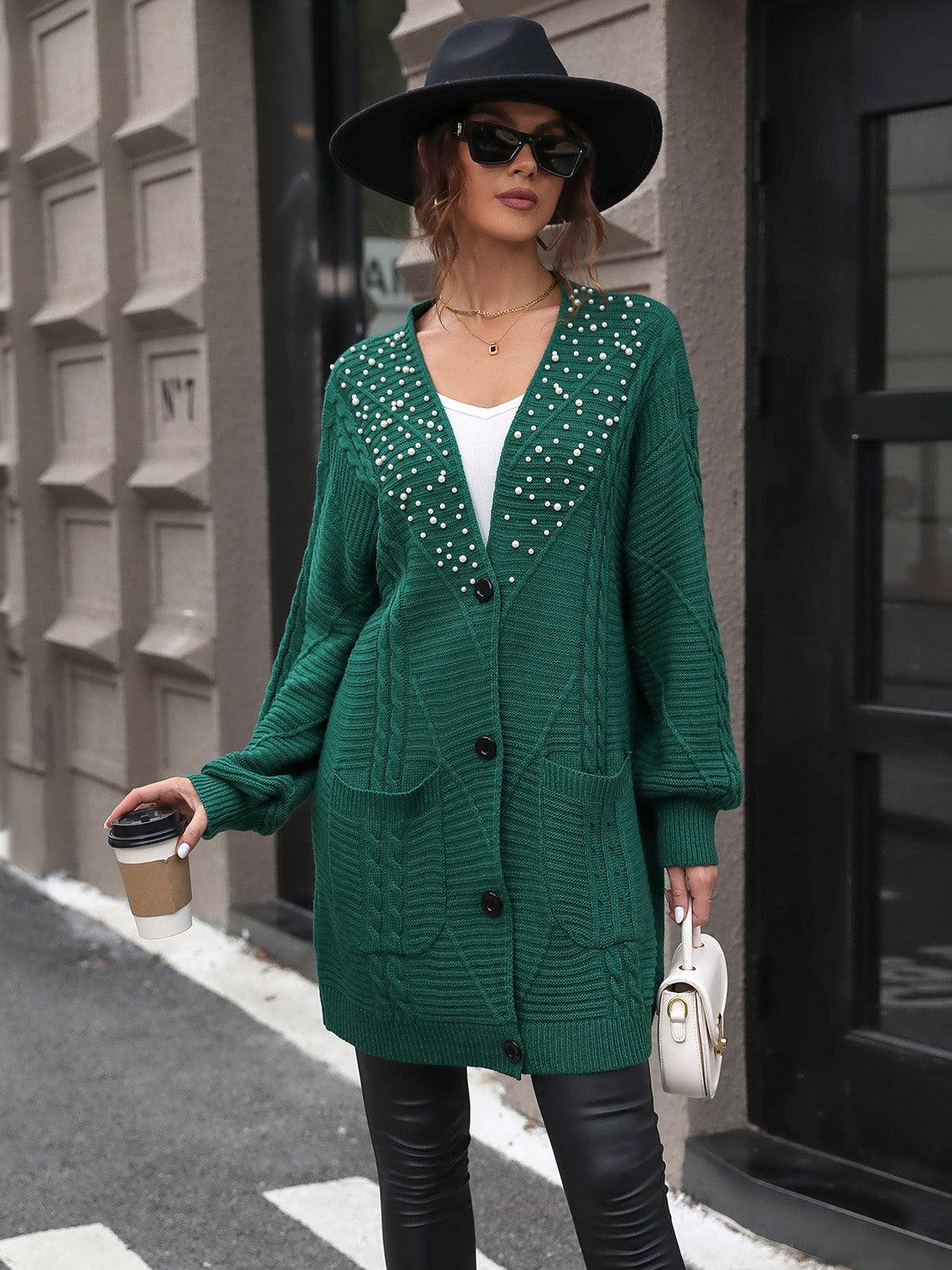 Perfee Pearl Detail Cable-Knit Button Up Cardigan Carauana Store