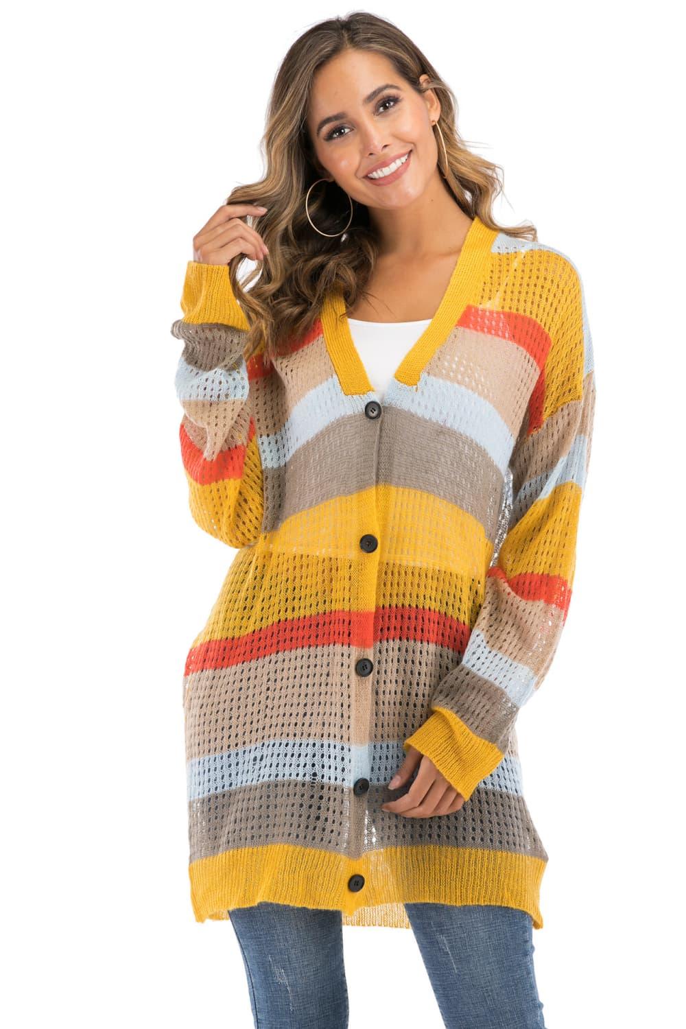 Color Block Openwork Long Sleeve Cardigan Carauana Store