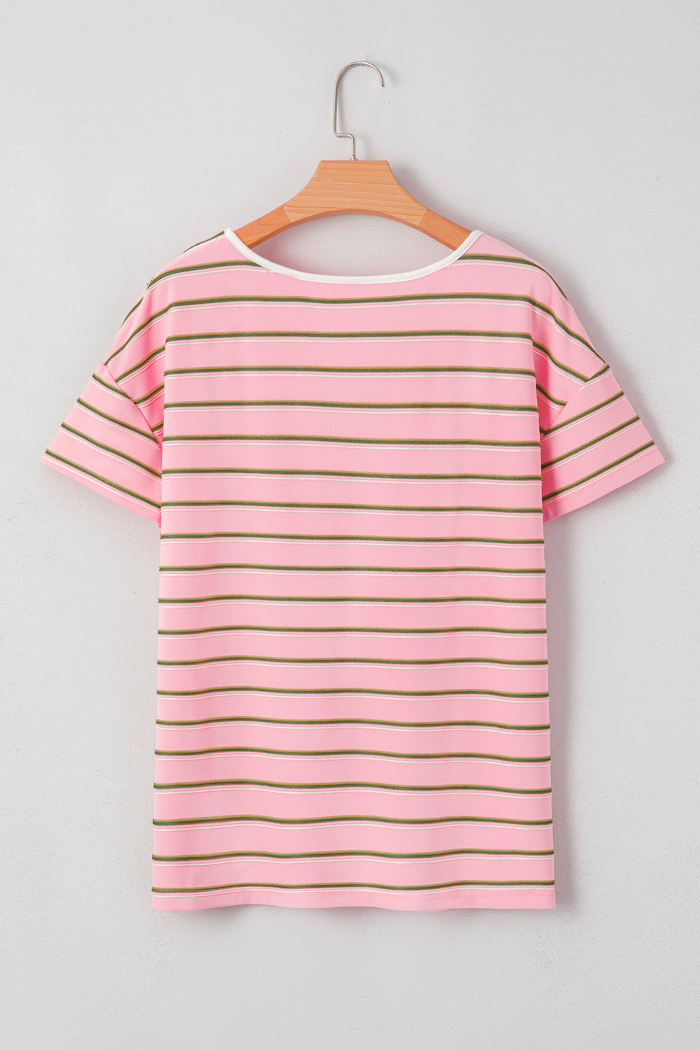 Pink Stripe V Neck Slim Fit Casual T Shirt