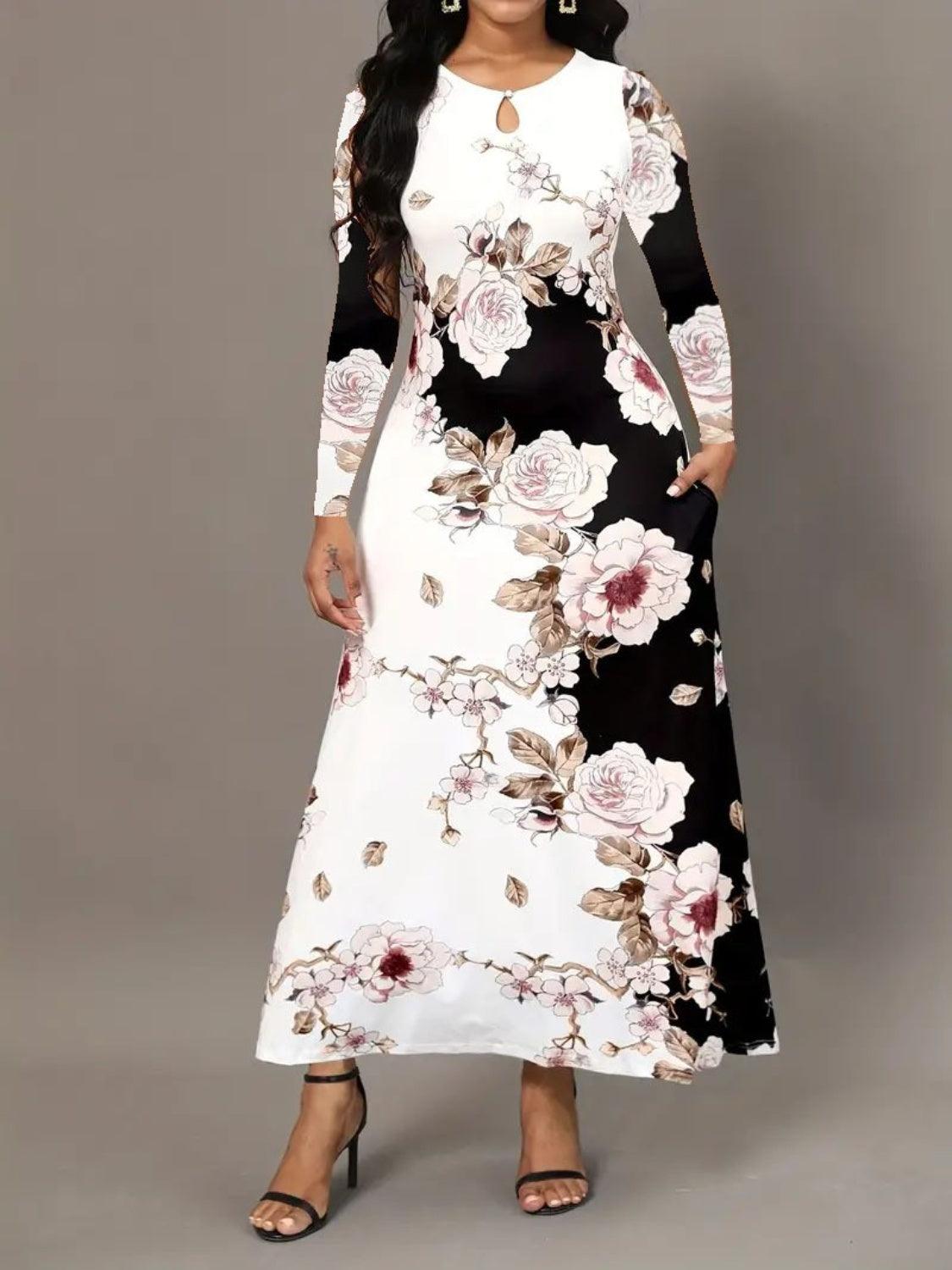 Pocketed Printed Long Sleeve Dress Carauana Store