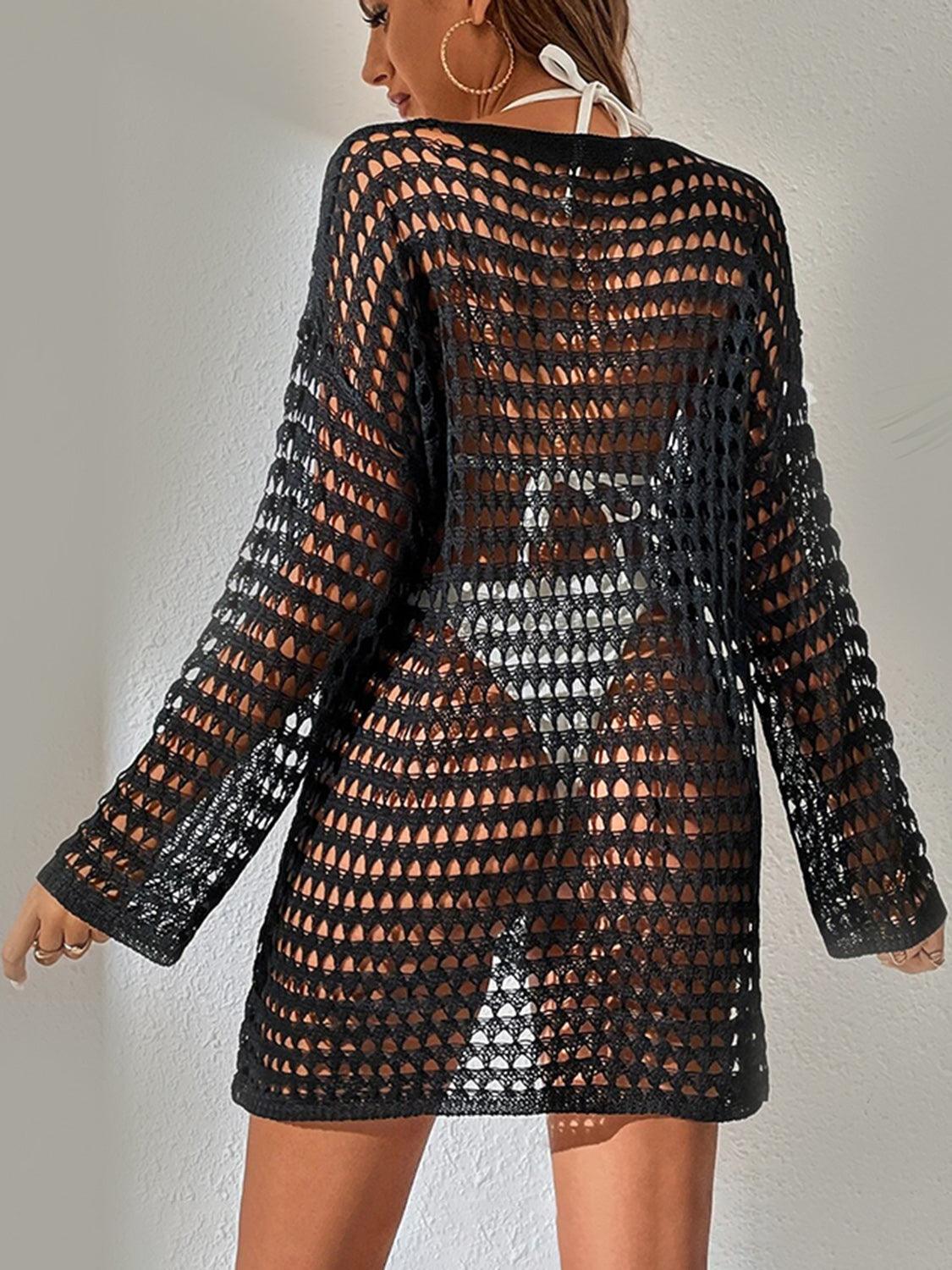 Openwork Boat Neck Long Sleeve Cover-Up Carauana Store