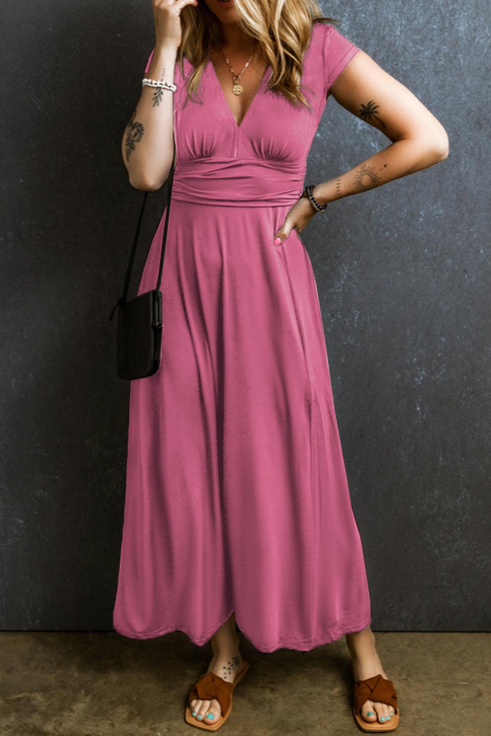 Smocked V-Neck Short Sleeve Dress Carauana Store