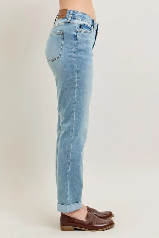 Judy Blue Full Size V-Front Cuff Boyfriend Jeans Plus Size