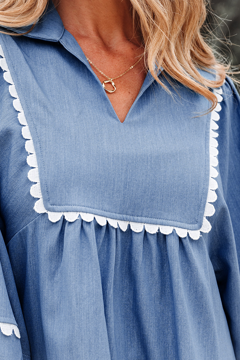 Dusk Blue Lace Ric Rac 3/4 Puff Sleeve Collared Babydoll Blouse