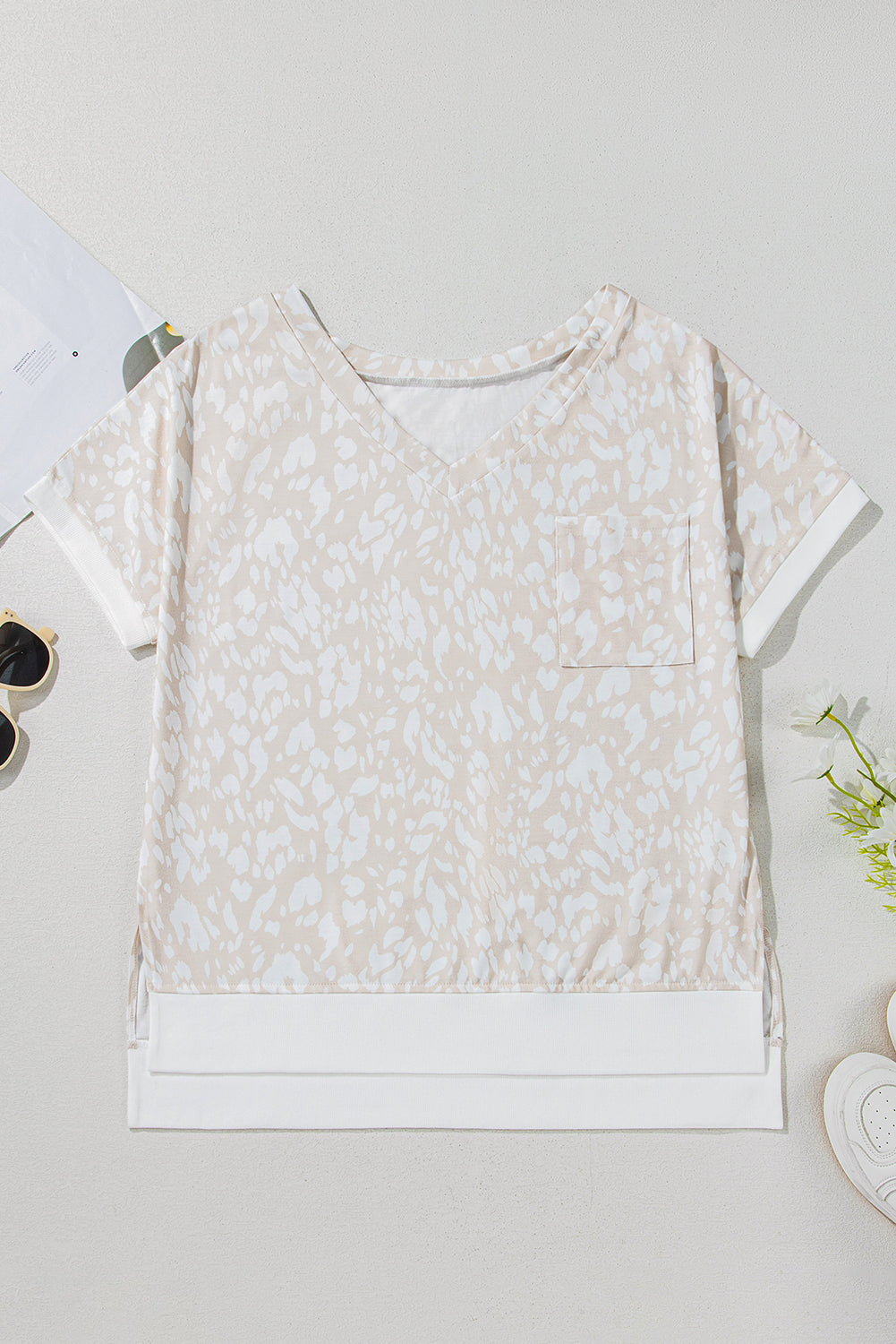 Khaki Leopard Print V Neck Side Slit Loose Fit T Shirt