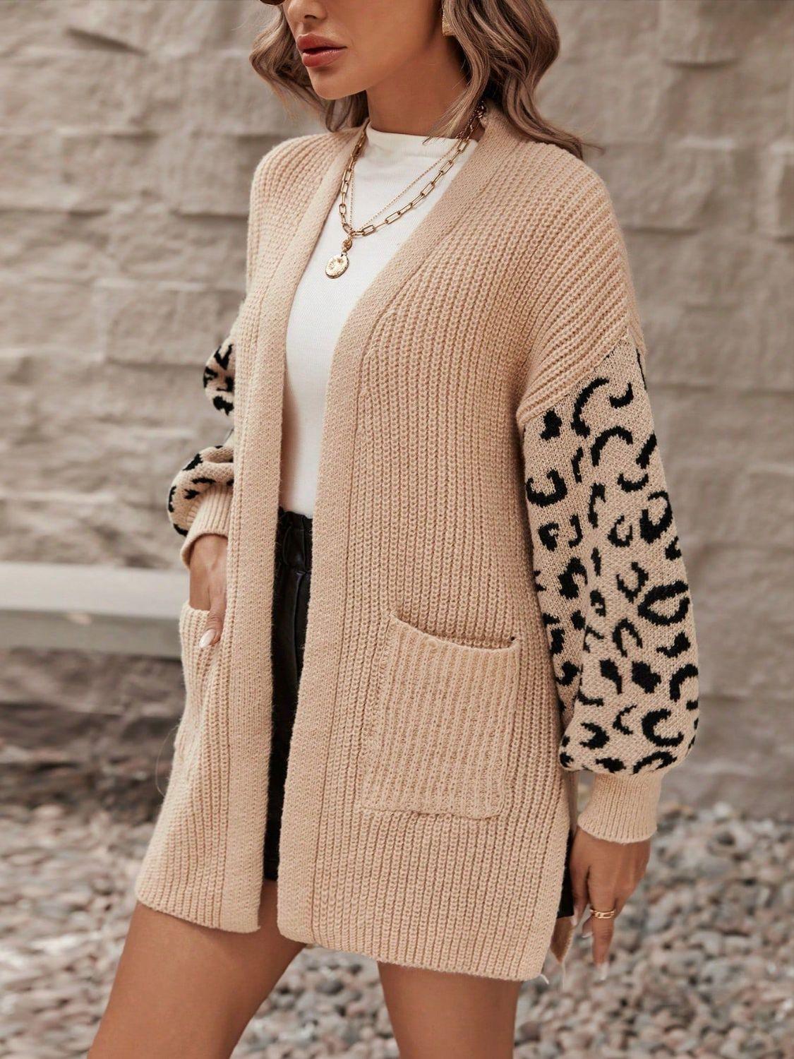 Pocketed Leopard Open Front Cardigan Carauana Store