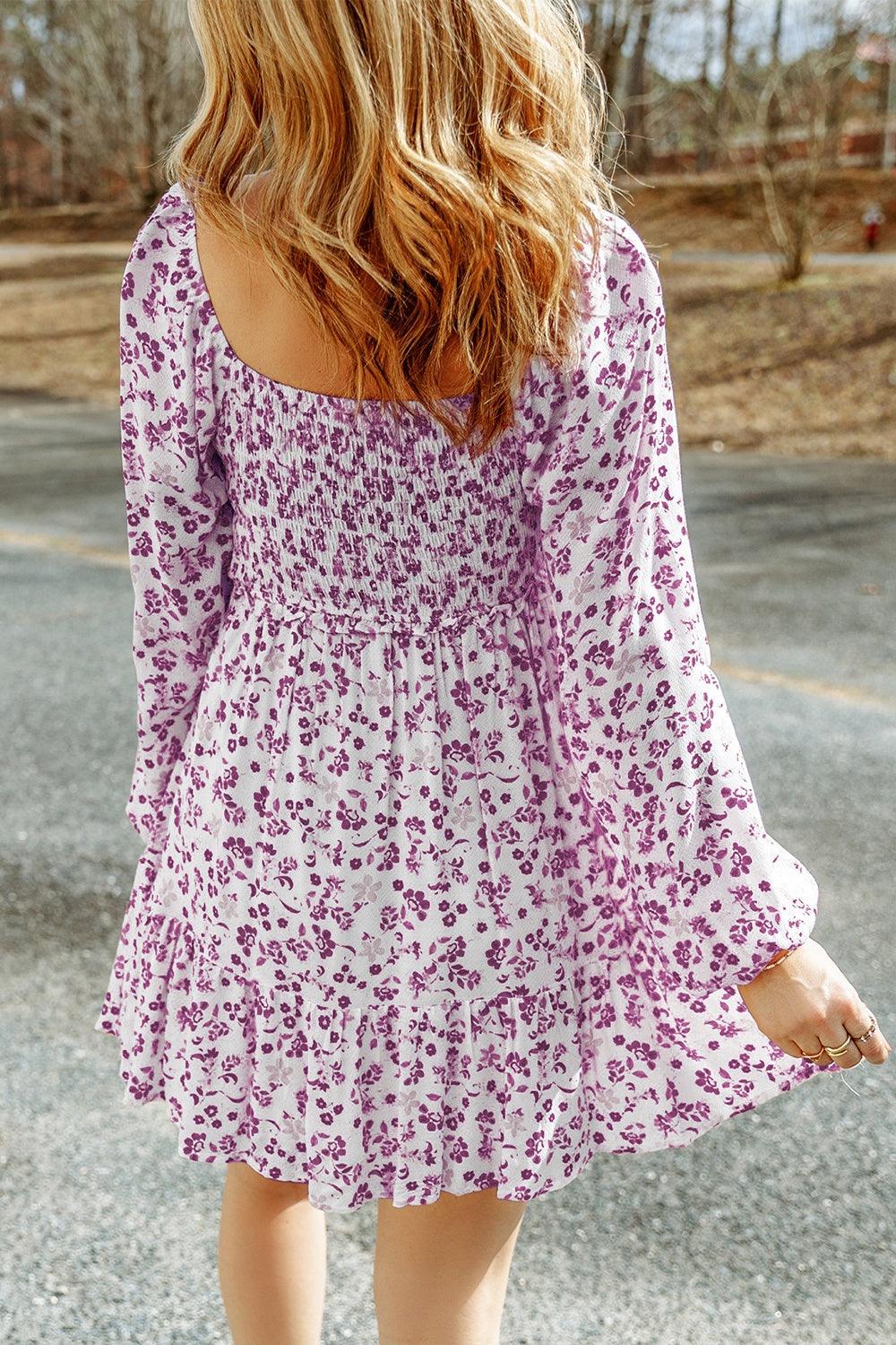 Smocked Floral Square Neck Balloon Sleeve Dress Carauana Store