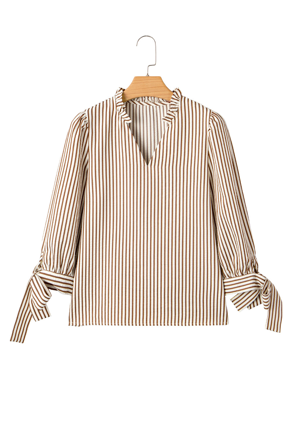 Chemisier en seersucker jaune paille à rayures, poignets noués et col fendu, à rayures jaune paille.