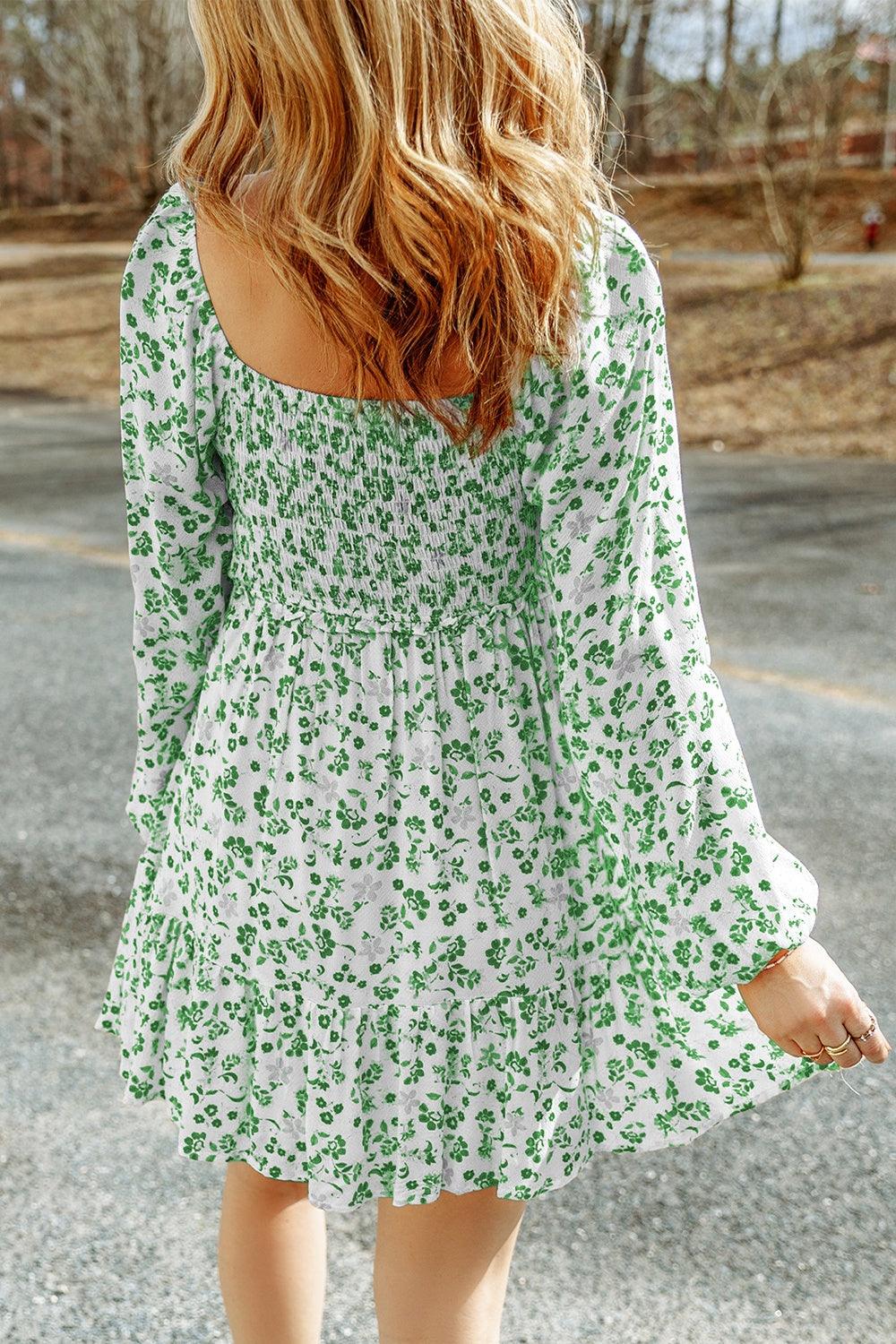 Smocked Floral Square Neck Balloon Sleeve Dress Carauana Store