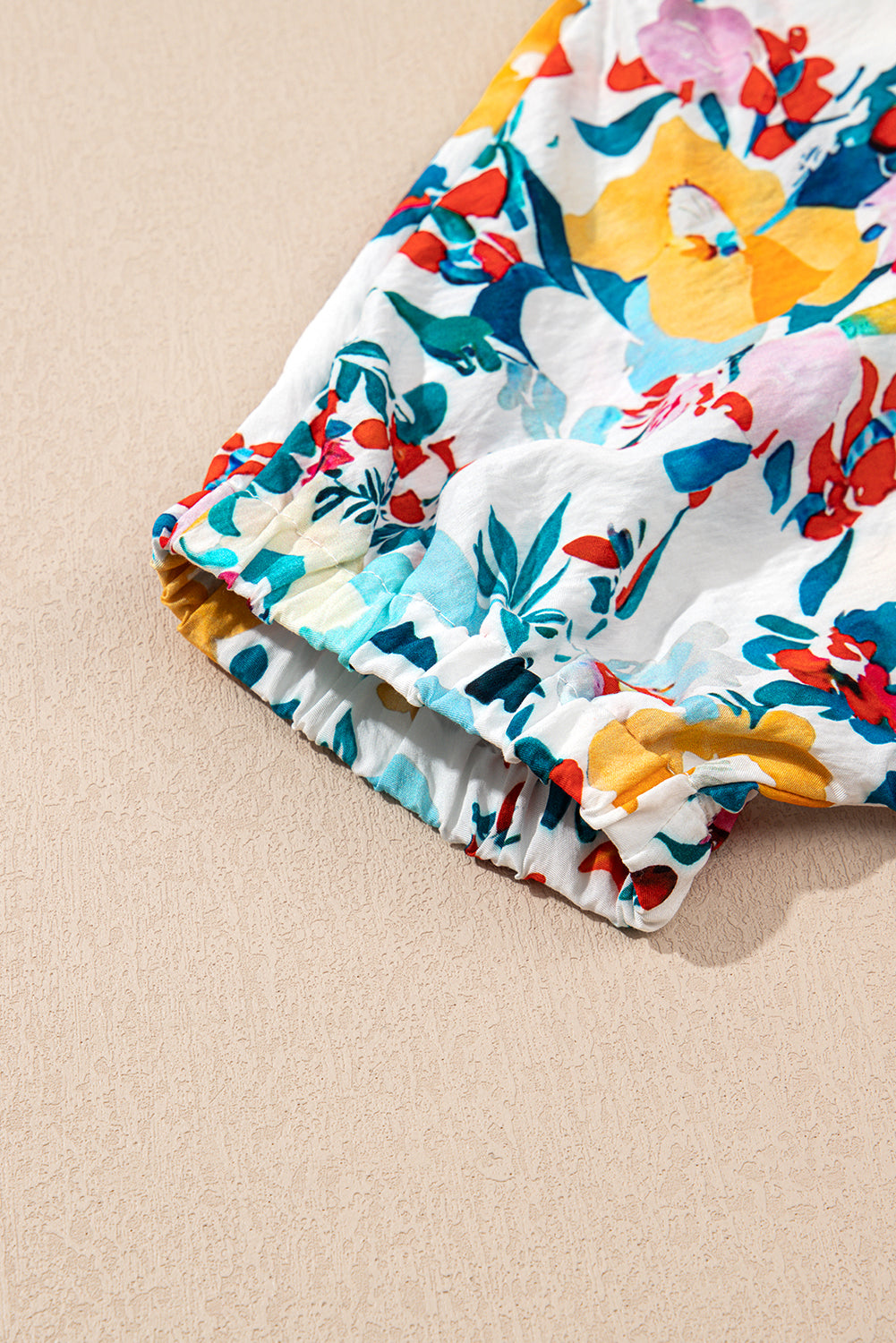 Peacock Blue Floral Print Slit V Neck Short Sleeve Blouse