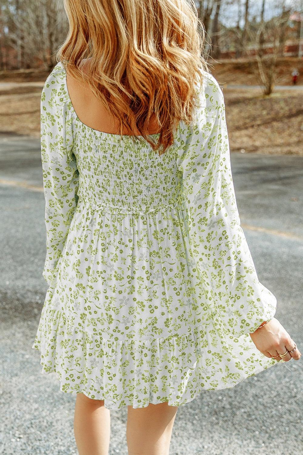 Smocked Floral Square Neck Balloon Sleeve Dress Carauana Store