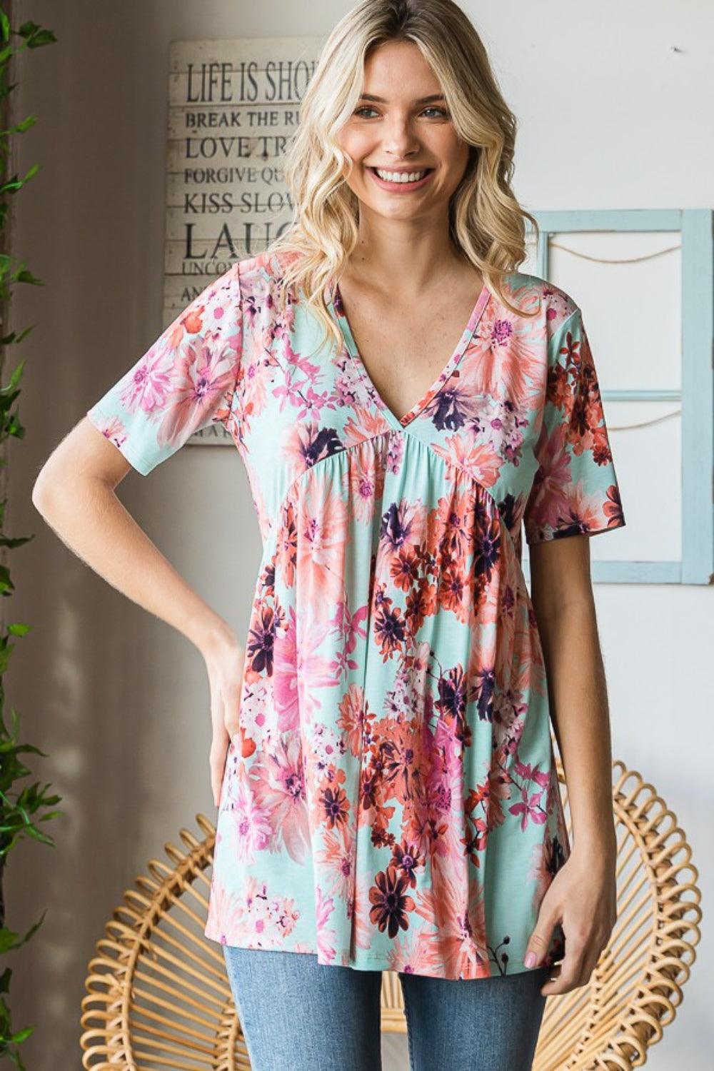 Heimish Full Size Floral V-Neck Short Sleeve Babydoll Blouse Carauana Store