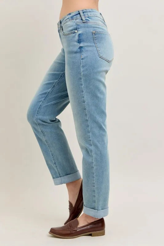 Judy Blue Full Size V-Front Cuff Boyfriend Jeans Plus Size