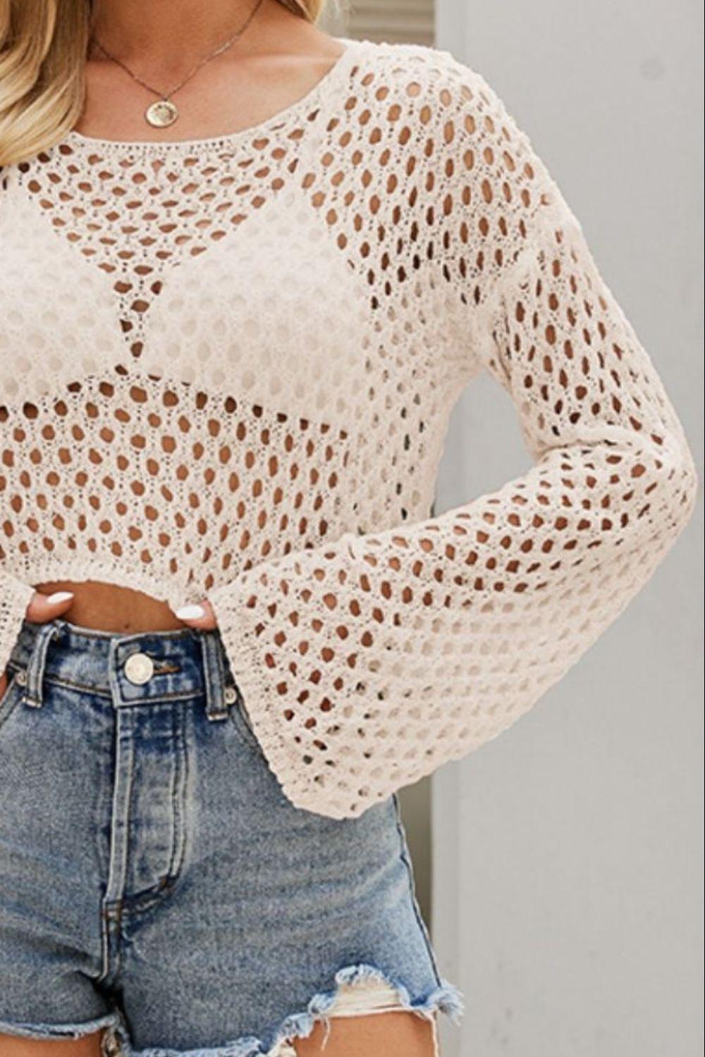 Openwork Round Neck Dropped Shoulder Knit Top Carauana Store