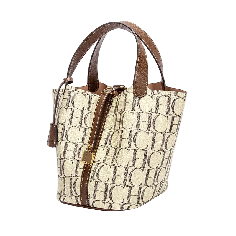 Beige handbag with brown handles and zipper