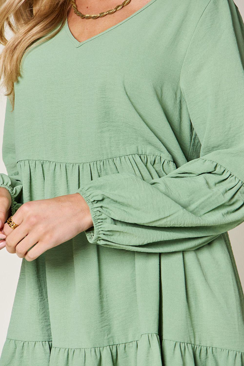 Double Take Full Size V-Neck Balloon Sleeve Tiered Dress Carauana Store