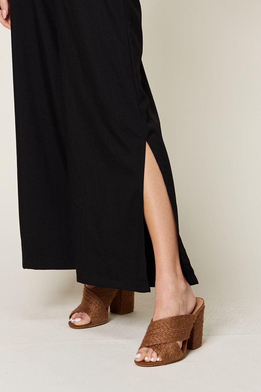 Double Take Full Size V-Neck Tie Front Short Sleeve Slit Jumpsuit Carauana Store