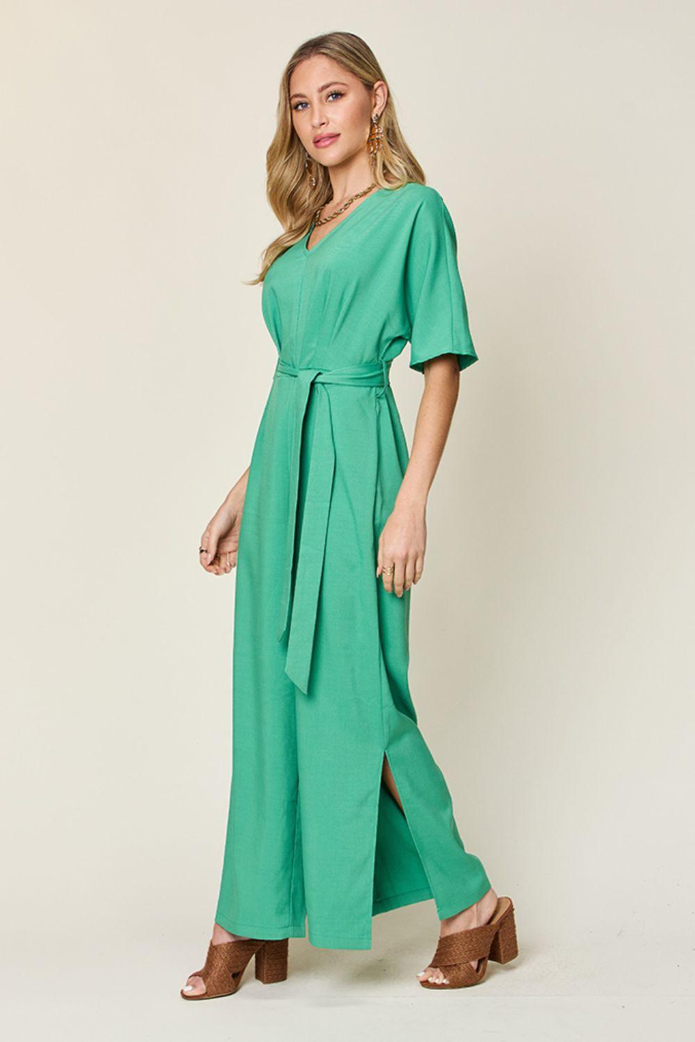 Double Take Full Size V-Neck Tie Front Short Sleeve Slit Jumpsuit Carauana Store