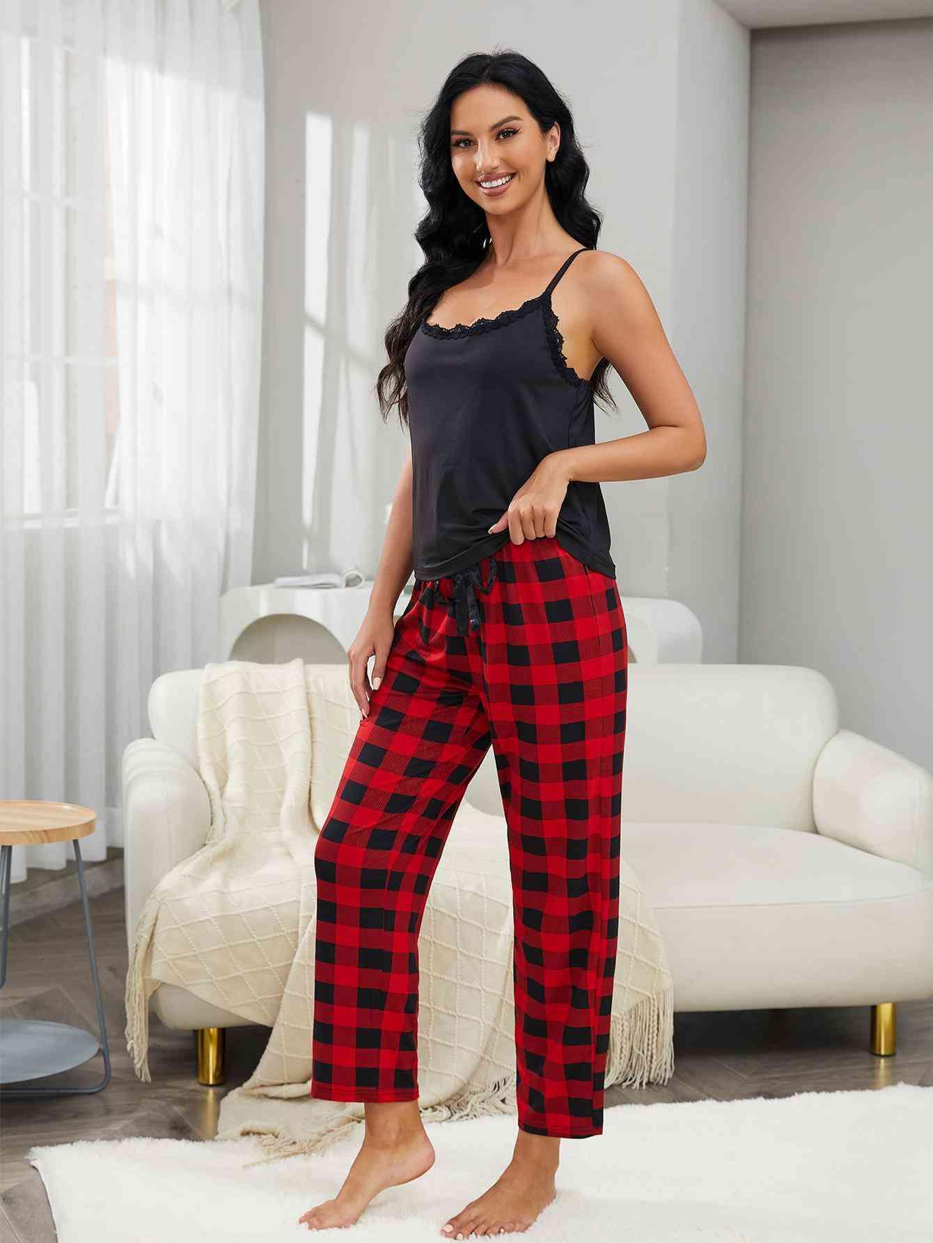 Lace Trim Cami and Plaid Pants Lounge Set Carauana Store