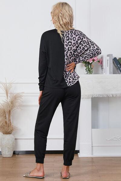 Leopard Round Neck Top and Drawstring Pants Lounge Set Carauana Store