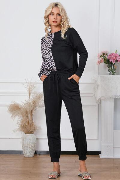 Leopard Round Neck Top and Drawstring Pants Lounge Set Carauana Store