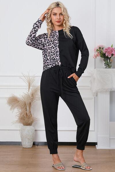 Leopard Round Neck Top and Drawstring Pants Lounge Set Carauana Store