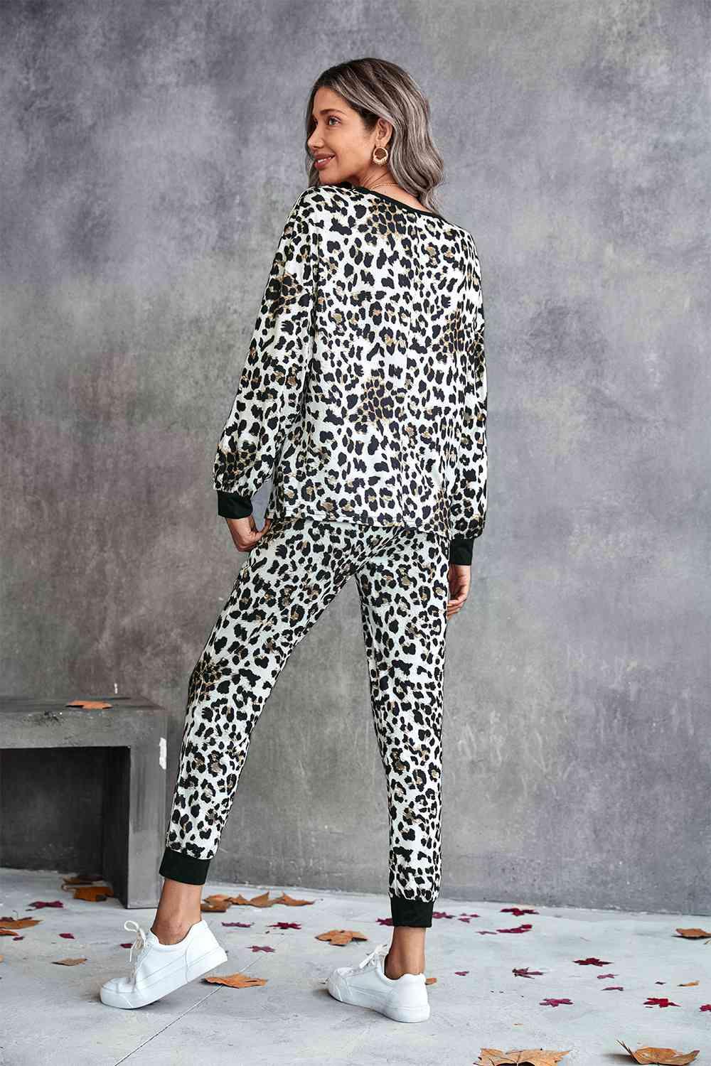 Leopard V-Neck Dropped Shoulder Loungewear Set Carauana Store