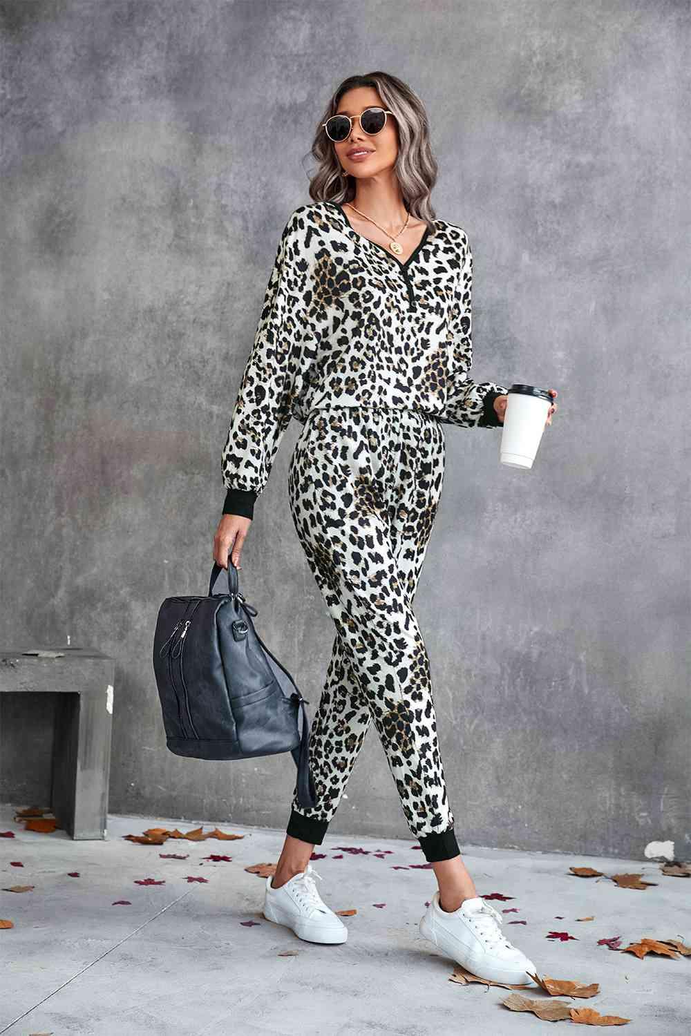 Leopard V-Neck Dropped Shoulder Loungewear Set Carauana Store