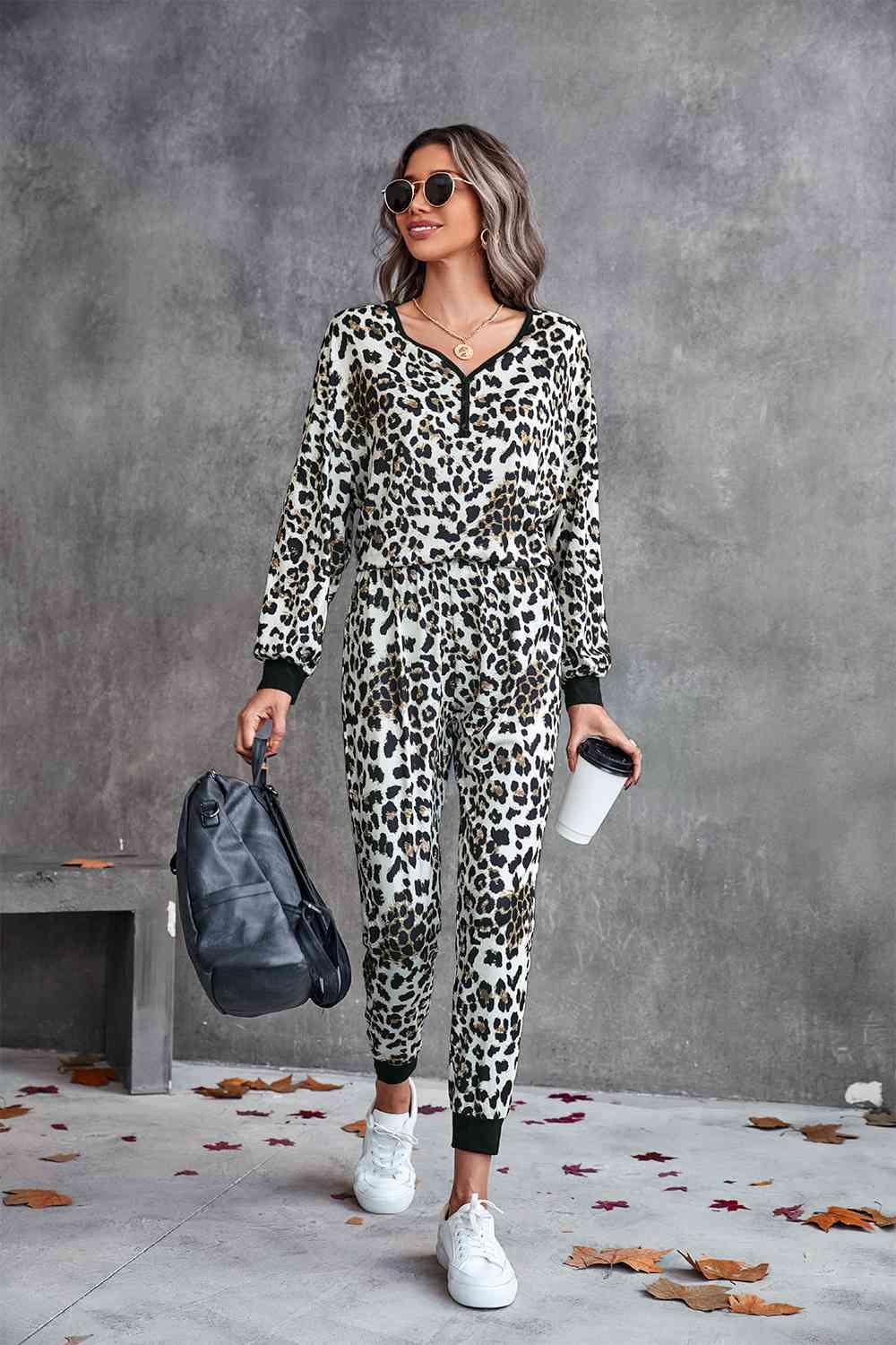 Leopard V-Neck Dropped Shoulder Loungewear Set Carauana Store