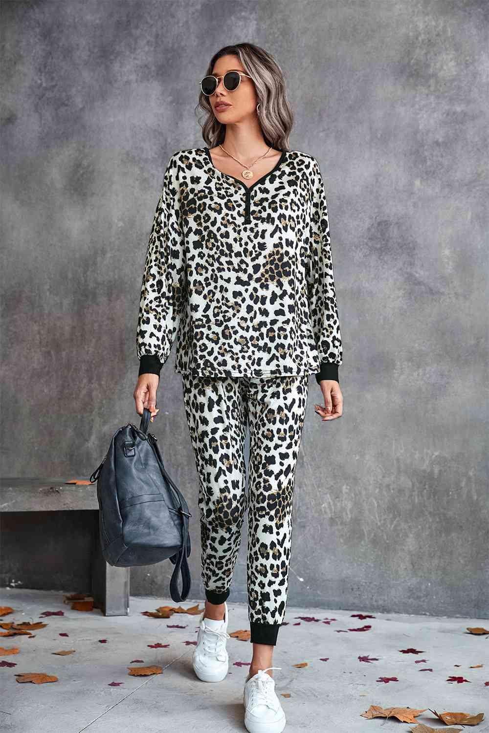 Leopard V-Neck Dropped Shoulder Loungewear Set Carauana Store