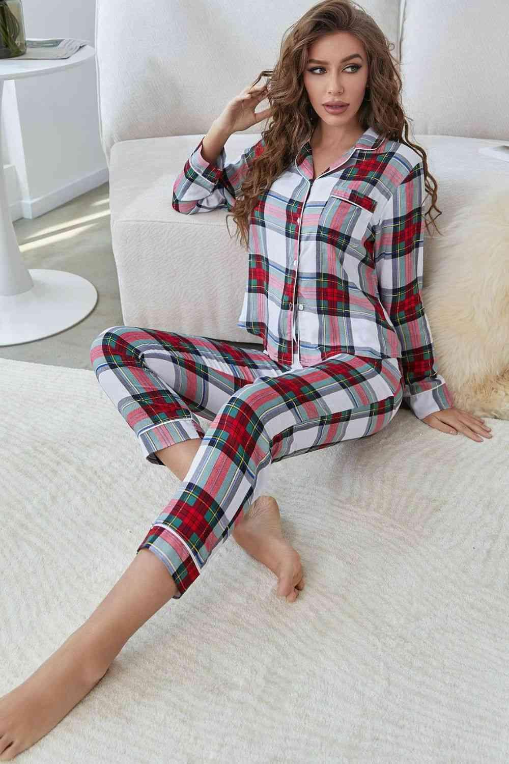 Plaid Button Front Top and Pants Lounge Set Carauana Store