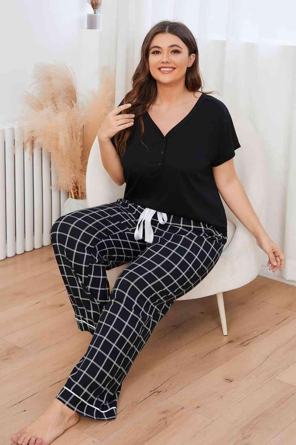 Plus Size V-Neck Top and Plaid Pants Lounge Set Carauana Store