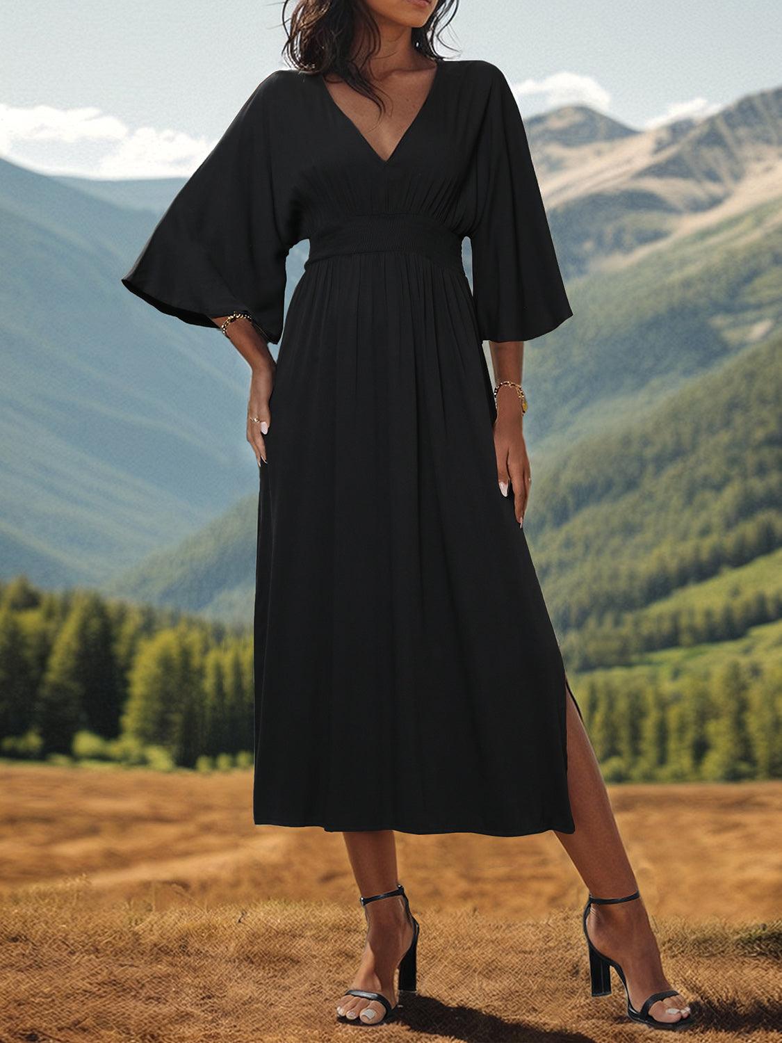 Slit V-Neck Long Sleeve Midi Dress Carauana Store