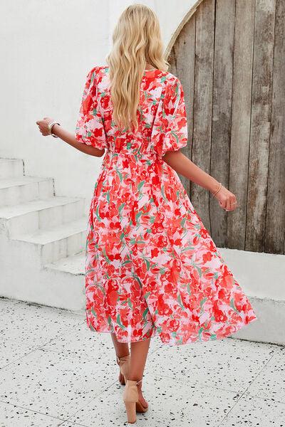 Smocked Printed V-Neck Short Sleeve Dress Carauana Store