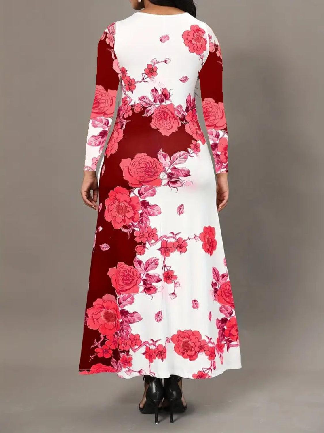 Pocketed Printed Long Sleeve Dress Carauana Store
