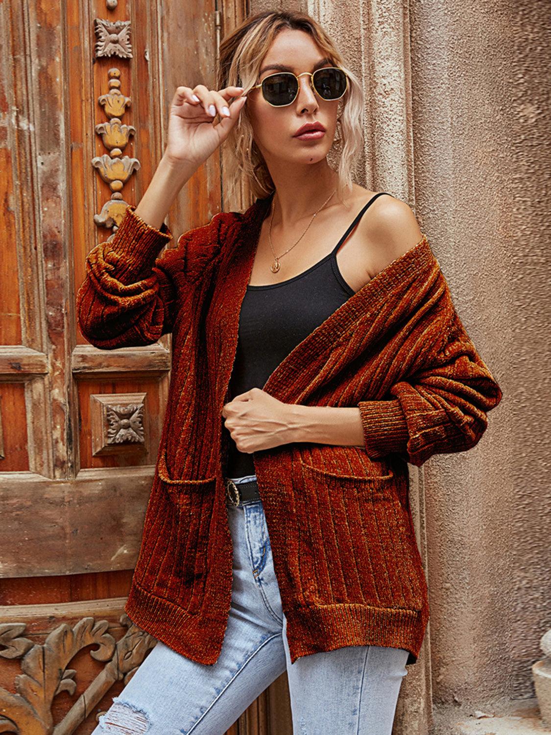 Ribbed Open Front Long Sleeve Cardigan Carauana Store