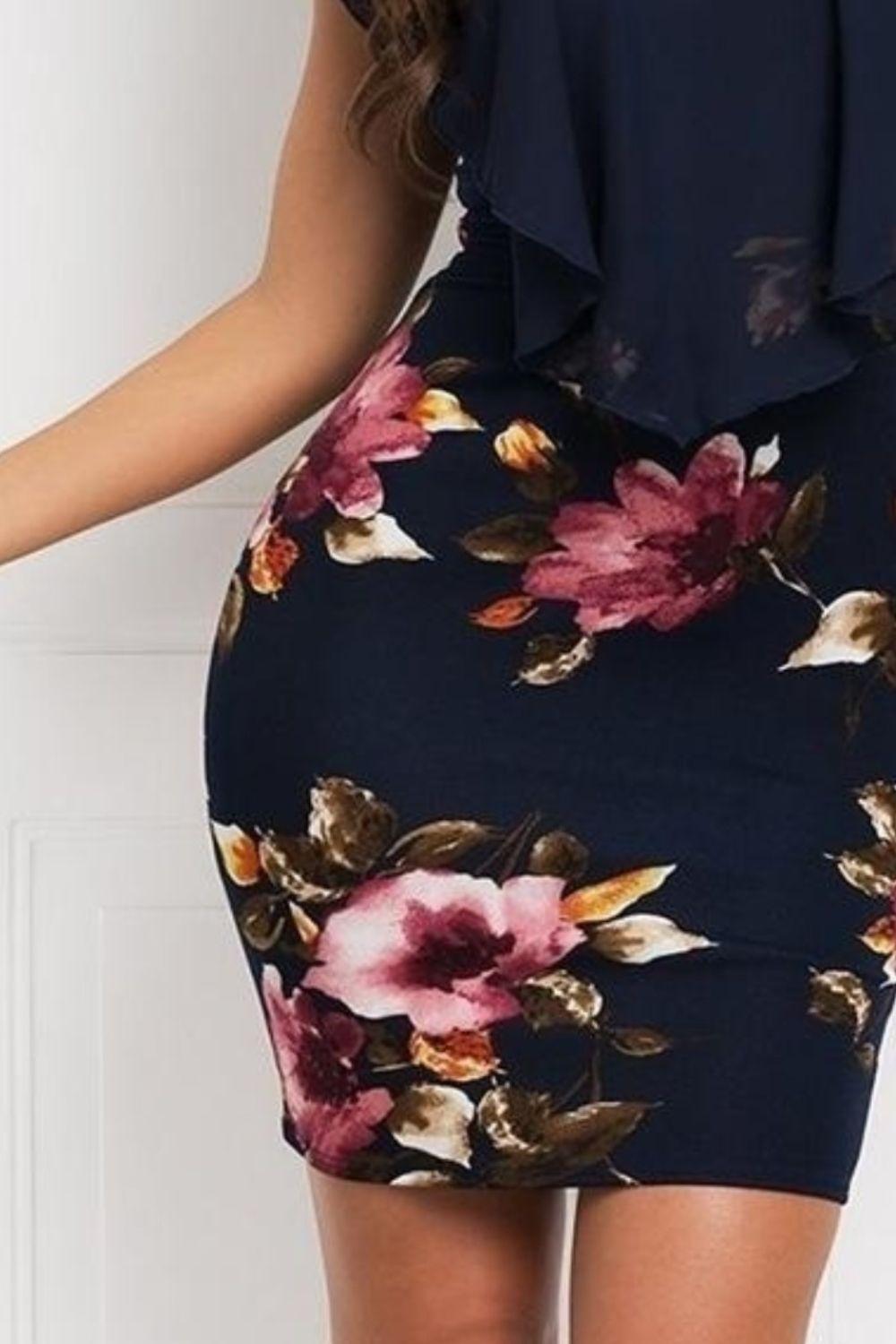 Printed Ruffled Cap Sleeve Mini Dress Carauana Store